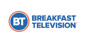 Sam Demma The Breakfast Television logo features "BT" in a blue circle with an orange border, next to the words "Breakfast Television" in blue block letters—much like the polished branding seen with Elite Speaker Coaching by Sam Demma. Elite Speaker Coaching